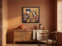 Dancing Couple Wall Art — Original Palette-Knife Oil, Navy & Red — original hand-painted oil shown on the wall in a styled room