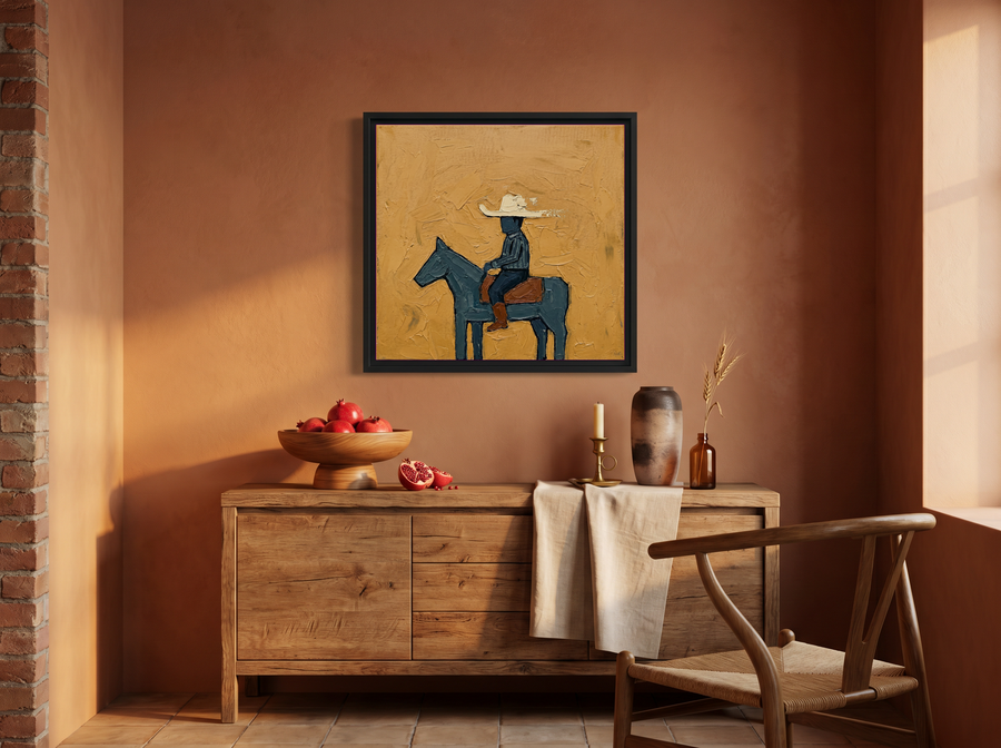 Cowboy on Horseback Wall Art — Original Palette-Knife Oil, Navy & Ochre