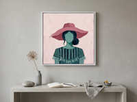 Woman in a Pink Hat Wall Art — Original Palette-Knife Oil, Rose-Pink & Emerald — original hand-painted oil shown on the wall in a styled room