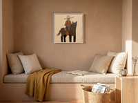 Cowgirl on Horseback Wall Art — Original Palette-Knife Oil, Brown & Ochre — original hand-painted oil shown on the wall in a styled room