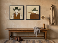Cowboy Pair, Front & Back — Set of 2 Original Oils, Olive & Rust — original hand-painted oil shown on the wall in a styled room