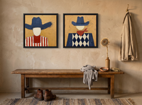 Cowboy, Front and Back — Set of 2 Original Oils, Navy & Vermilion — original hand-painted oil shown on the wall in a styled room