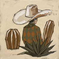Original oil painting of a cowboy figure from behind in a cream hat with olive-and-rust harlequin shirt, brown-and-cream cacti and an olive agave, on a cream ground.