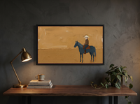 Cowboy on Horseback Wide Wall Art — Original Palette-Knife Oil, Golden Ochre & Navy — original hand-painted oil shown on the wall in a styled room