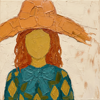 Original oil painting of a woman in a pumpkin-orange floppy hat with a mustard-gold oval face and teal bow over teal and mustard diamonds, on a cream ground