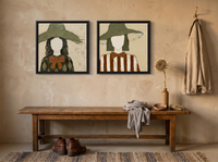 Two Women in Floppy Hats — Set of 2 Original Oils, Olive & Sienna — original hand-painted oil shown on the wall in a styled room