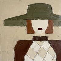 Original oil painting of a woman in a wide olive-green hat with a cream oval face, oxblood lips, rust hair, and a chocolate and oat harlequin bodice, on a cream ground
