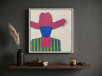 Cowboy in a Wide Hat Wall Art — Original Palette-Knife Oil, Magenta & Cobalt — original hand-painted oil shown on the wall in a styled room