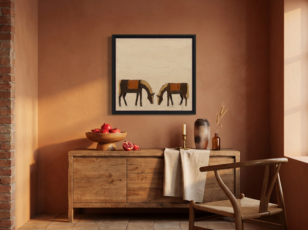 Two Grazing Horses Wall Art — Original Palette-Knife Oil, Brown & Rust