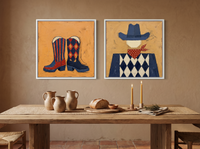 Cowboy Boots & Cowboy — Set of 2 Original Oils, Navy & Vermilion — original hand-painted oil shown on the wall in a styled room