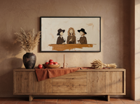 Three Women with Wine Wide Wall Art — Original Palette-Knife Oil, Chocolate & Cream — original hand-painted oil shown on the wall in a styled room