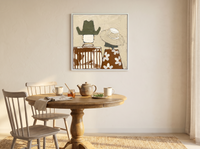 Cowboy & Cowgirl from Behind Wall Art — Original Palette-Knife Oil, Olive & Cream — original hand-painted oil shown on the wall in a styled room