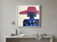 Lady in a Magenta Hat Wall Art — Original Palette-Knife Oil, Magenta & Cobalt — original hand-painted oil shown on the wall in a styled room