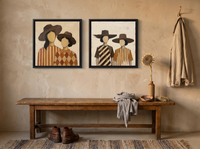 Women in Hats, Two Pairs — Set of 2 Original Oils, Chocolate & Rust — original hand-painted oil shown on the wall in a styled room