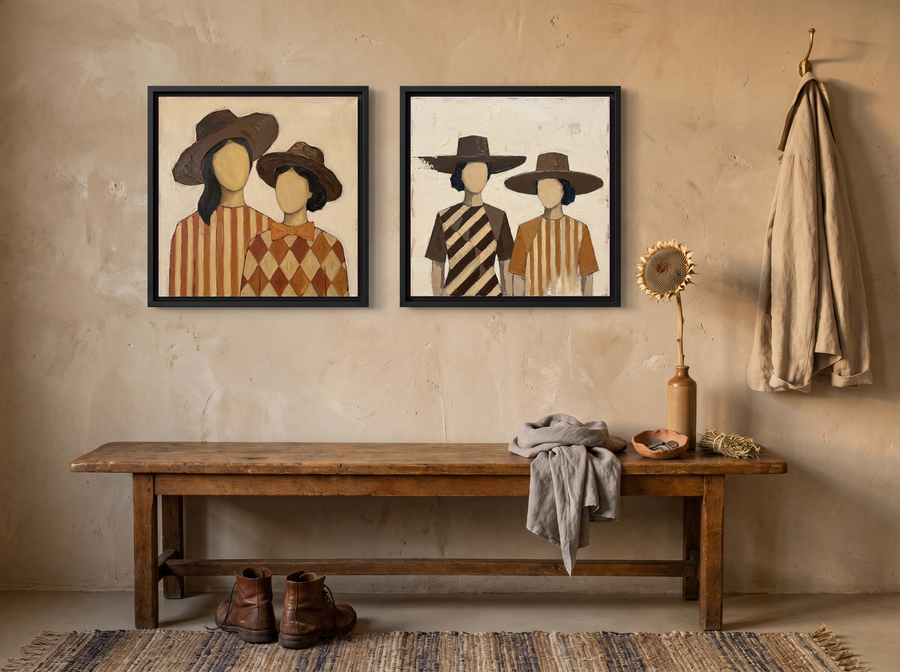 Women in Hats, Two Pairs — Set of 2 Original Oils, Chocolate & Rust