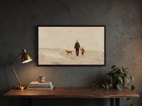 Father, Child and Dog Walking Wide Wall Art — Original Oil Landscape, Chocolate & Cream — original hand-painted oil shown on the wall in a styled room