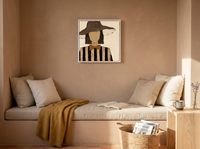 Lady in a Floppy Hat Wall Art — Original Palette-Knife Oil, Brown & Cream — original hand-painted oil shown on the wall in a styled room