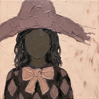 Original oil painting of a woman in a drooping mauve hat with dark wavy hair and a pale rose bow over a charcoal and mauve harlequin shirt, on a cream ground