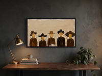 Row of Five Hatted Figures Wide Wall Art — Original Palette-Knife Oil, Chocolate & Cream — original hand-painted oil shown on the wall in a styled room