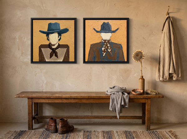 Cowboy Pair, Gingham & Floral — Set of 2 Original Oils, Ochre & Slate Blue