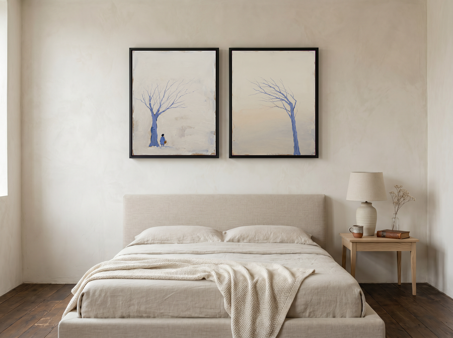 Mirrored Bare Trees — Set of 2 Original Oils, Periwinkle Mist