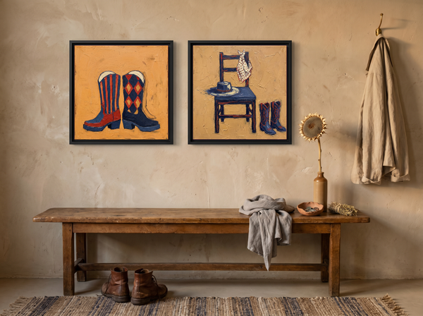 Cowboy Boots & Hat — Set of 2 Original Oils, Navy & Vermilion