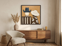 Cowboy & Cowgirl from Behind Wall Art — Original Palette-Knife Oil, Slate Blue & Ochre — original hand-painted oil shown on the wall in a styled room