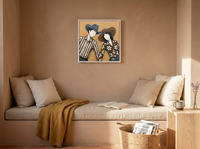 Dancing Couple Wall Art — Original Palette-Knife Oil, Slate & Ochre — original hand-painted oil shown on the wall in a styled room