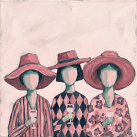Original oil painting of three blank-faced women in wide rose-pink hats holding wine glasses, in rose stripes, pink-navy harlequin, and rose floral on a blush ground