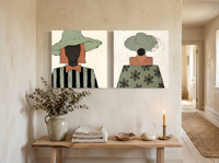 Hatted Woman, Front and Back — Set of 2 Original Oils, Sage & Terracotta — original hand-painted oil shown on the wall in a styled room