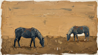 Original wide oil painting of two slate-navy horses grazing across a warm golden-ochre field, heavy palette-knife texture