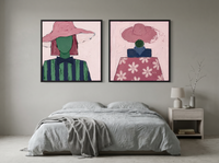 Hatted Woman, Front and Back — Set of 2 Original Oils, Rose & Emerald — original hand-painted oil shown on the wall in a styled room