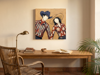 Dancing Couple Wall Art — Original Palette-Knife Oil, Navy & Red — original hand-painted oil shown on the wall in a styled room