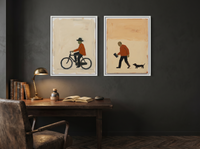 Cyclist & Newspaper Man — Set of 2 Original Oils, Burnt Orange & Cream — original hand-painted oil shown on the wall in a styled room
