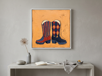 Cowboy Boots Wall Art — Original Palette-Knife Oil, Navy & Red — original hand-painted oil shown on the wall in a styled room