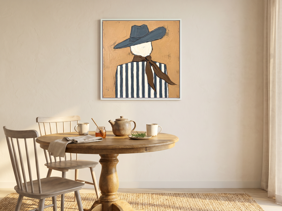 Cowgirl from Behind Wall Art — Original Palette-Knife Oil, Slate Blue & Ochre