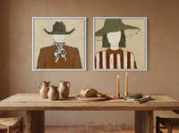 Cowboy & Wide-Brim Lady — Set of 2 Original Oils, Olive & Rust — original hand-painted oil shown on the wall in a styled room