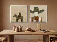 Rider & Cowboy — Set of 2 Original Oils, Olive & Sienna — original hand-painted oil shown on the wall in a styled room