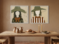 Two Women in Floppy Hats — Set of 2 Original Oils, Olive & Sienna — original hand-painted oil shown on the wall in a styled room