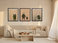 Quiet Tending Triptych — 3 Original Oils, Moss & Clay — original hand-painted oil shown on the wall in a styled room