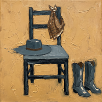 Original oil painting of a slate navy-teal wooden chair with a slate hat on the seat, a brown polka-dot bandana over the back, and slate boots beside it, on a golden ochre ground