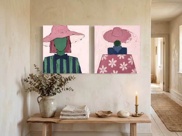 Hatted Woman, Front and Back — Set of 2 Original Oils, Rose & Emerald