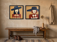 Red-Lipped Woman in a Wide Hat — Set of 2 Original Oils, Navy & Vermilion — original hand-painted oil shown on the wall in a styled room