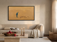 Man Feeding Pigeons Wide Wall Art — Original Oil Landscape, Golden Ochre & Navy — original hand-painted oil shown on the wall in a styled room