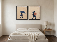 Woman with Umbrella & Woman with Bouquet — Set of 2 Original Oils, Indigo & Coral — original hand-painted oil shown on the wall in a styled room