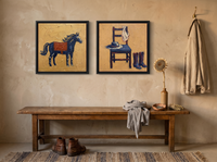 Horse & Cowboy Gear — Set of 2 Original Oils, Navy & Vermilion — original hand-painted oil shown on the wall in a styled room