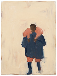 Oil painting of a figure in an indigo coat seen from behind carrying a coral-pink lamb across the shoulders, on a cream ground.