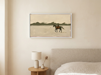 Lone Rider and Mountain Ridge Wide Wall Art — Original Palette-Knife Oil, Olive & Oat — original hand-painted oil shown on the wall in a styled room