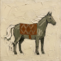 Original oil painting of an olive-green horse with a cream mane and a diamond-patterned rust blanket facing right, heavy palette-knife texture on a cream ground