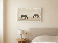 Two Grazing Horses Wide Wall Art — Original Palette-Knife Oil, Sage Green & Terracotta — original hand-painted oil shown on the wall in a styled room